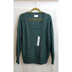 Old Navy Sweater 2X Chunky Cable Knit Pullover Pom Pom Green Cozy Fisherman